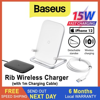 Baseus Rib 15W Qi Wireless Charger with 1m Charging Cable, Horizontal and Vertical Holder for iPhone Samsung