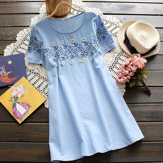 Flowers Embroidery Cotton Linen Maternity Tees Loose Tops for Pregnant Women