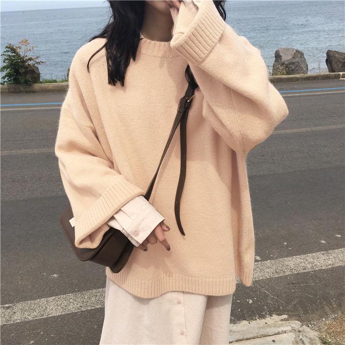 Autumn Winter Long-Sleeved Knitted Sweater Temperament Round Neck Loose Slimmer Look Knitwear Pullover All-Match Solid Color Wide-Sleeved Women