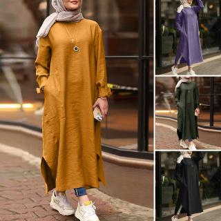 ZANZEA Women Long Sleeve Muslim Vintage Solid Color Maxi Dress