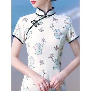 Sweet Elephant Print Laced Cheongsam Dress // Qipao mandarin collar cny qi pao cheong sam animal modern XL plus sleeved