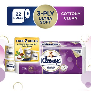 Kleenex Ultra Soft Cottony Clean Toilet Tissue 20Rolls + Free Kleenex Supreme Soft Toilet Tissue 2 rolls