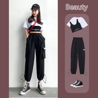 Triple A💕 Casual outfit Sports pants + short-sleeved vest women Wide-leg and loose-fitting cargo pants