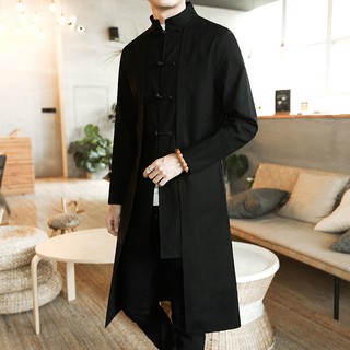 ✸✙Spring and autumn Chinese style men s ancient Hanfu mid-length windbreaker Tang suit cloak cotton linen robe coat