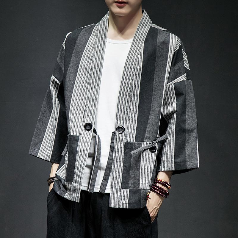 Men Fashion Samurai Costume Kimono Cardigan Stripe Japanese Style Coat Harajuku Yukata Linen Plus Size Haori Japan Jacket Women Fashion