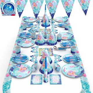 Mermaid Party Set Birthday Ocean Theme Paper Cup Banner Plate Baby Shower Favors