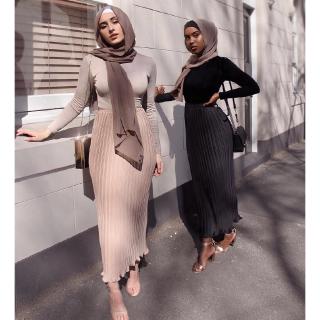 New Ready Fashion Muslim Chiffon Pleated Long Skirt & Elastic Tops Elegant Dress