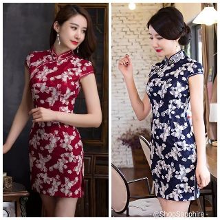 CNY Red Navy Blue Floral Cheongsam Shift Dress (qipao qi pao cheong sam sum sleeved collar XL XXL)