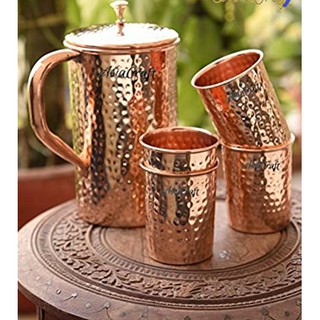 Pure Copper Handmade Water Jug Set - 1 Jug with 4 glasses