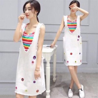 Women Summer Sleeveless Loose Rainbow Sling T-Shirt&Sling Dress Set Wear (1)