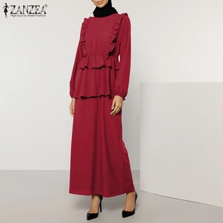 ZANZEA Women Puff Sleeve Elastic Waist Layered Ruffled Split Hem Muslim Suit