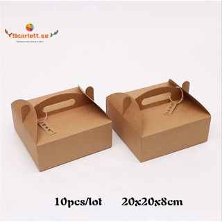 10pcs/lot 20x20x8cm Blank Brown Kraft Paper Pizza Boxes Dessert Pastry Packaging With Handle Wedding Party Favor Cake Box