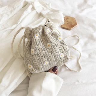 Women's Daisy Design Drawstring Braided Bucket Bag Small Sling Bag Casual