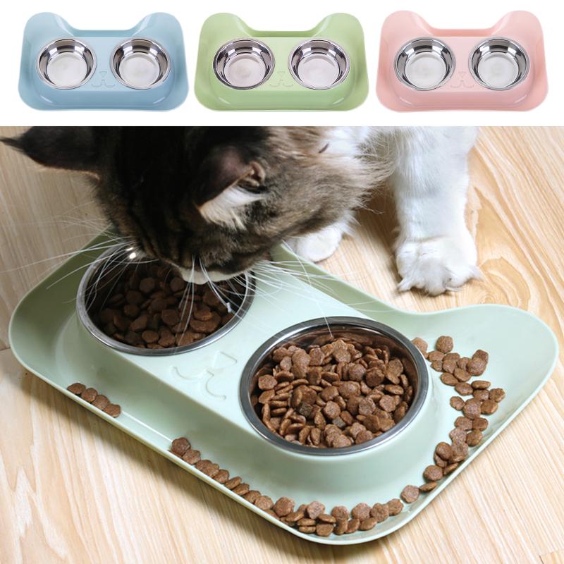 [Double Bowls,Splash Proof] Double Food Grade Stainless Steel Pet Cat Dog Bowl Food Bowl Water Dish Feeding Feeder for