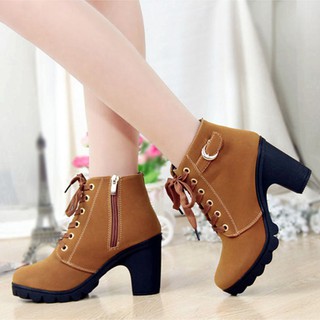 Ready Stock Girl Women High Top Heel Lace Up Ankle Boots Suede Shoes