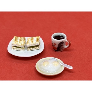 Handmade Miniature Breakfast Kaya Toast with kaya and butter, soft boiled eggs and black coffee, clay, resin, 1 set