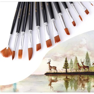 12Pcs Nylon Hair Acrylic Oil Painting Watercolor Artist Paint Brush Supplies Set