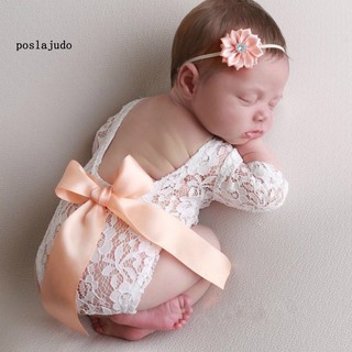 POS_2Pcs/Set Newborn Baby Bow Decor Backless Lace Romper Hairband Photography Props