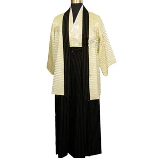 High Quality Beige Japanese Men's Warrior Kimono Haori Vintage Yukata With Obi