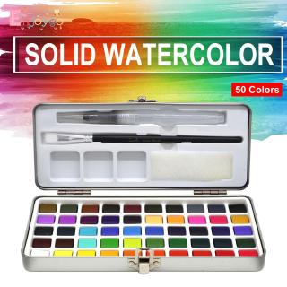 50 Colors Professional Solid Watercolor Paint Set With Tin-box & Water Brush Pen Stationery Everso