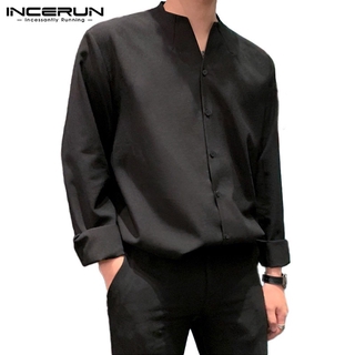 INCERUN Men's Casual Long Sleeve V Neck Buttons Up Fashion Loose Shirts