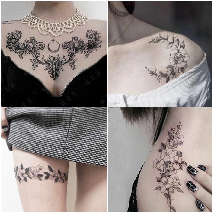complete set℡17 Floral arm tattoo sticker waterproof female lasting flower sexy simulation chest collarbone half paint
