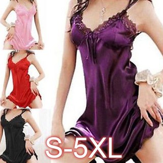 Women Sexy Faux Silk Satin Night Gown Sleeveless Night Sleep Dress Lace V neck