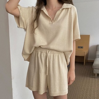 Korean-StylechicSummer Lightly Mature Lapel Loose Short Sleeve Sweater+Drawstring Shorts Casual Suit for Women