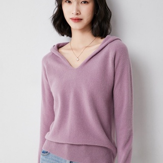 Women's Winter Knit V Neck Long Sleeve Hoodies Plain Basic Pullover Sweater