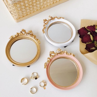 【insfree】🌱Ins Wind Golden Bow Small Round Mirror European Retro Small Round Mirror Decorative Jewelry Storage Tray Photo Props Makeup Small Mirror