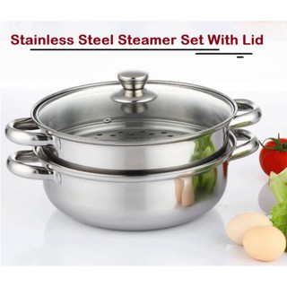 [Ready Stock] Steamer Pot Set with Lid 304 Stainless Steel Home Multifunction Double Steamer Cookware Kitchen