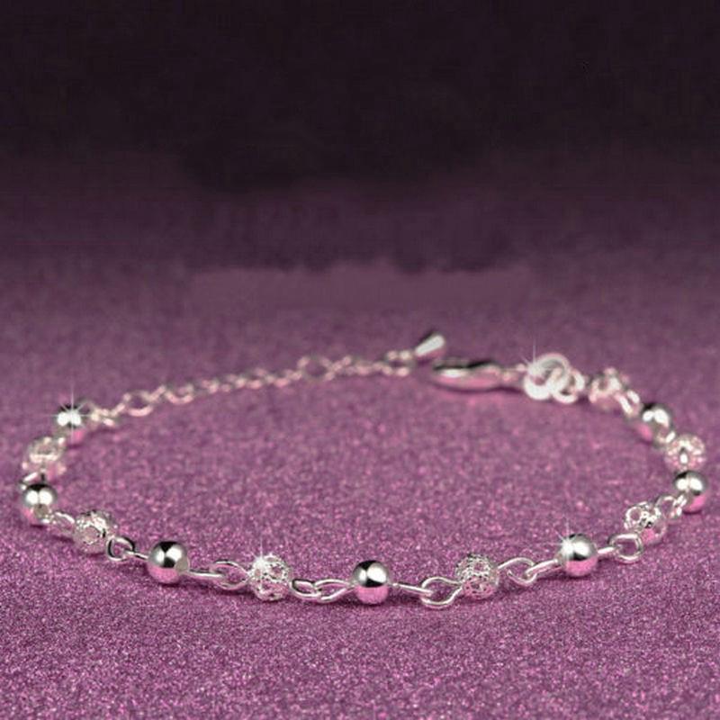 Simple Crystal Silver Plated Bead Chain Bracelet Elegant Trendy Anklet Jewelry