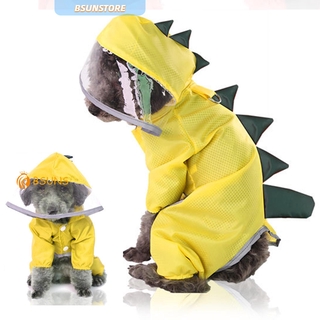 『BSUNS』 Lightweight Dog Raincoat Doggy Clothes Waterproof Pet with Leash Buckle Reflective Hooded Poncho Dinosaur Shape Rain Jacket/Multicolor