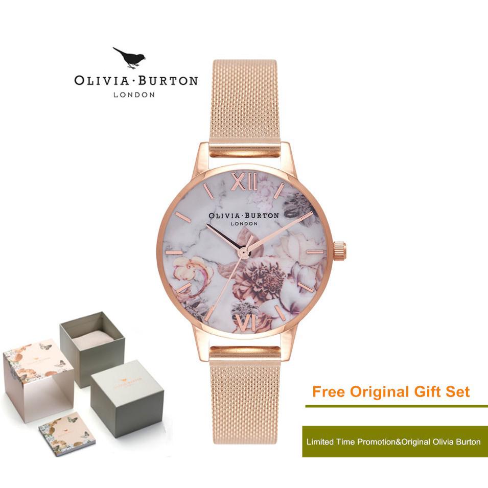 Original Olivia Burton Watch Woman Wonderland London OB Wristwatch Marble Floral Rose Gold Mesh Watch