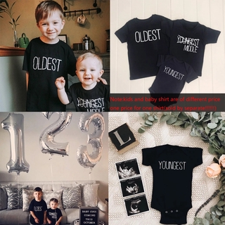 Oldest Middle Youngest Family Shirt Set Childrens Family Matching Tshirts Baby Sibling Shirt Baby Bodysuit Black Tees Drop Ship