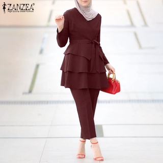 ZANZEA Women Retro Layered Long Sleeve Solid Color Casual V Neck Muslim Sets