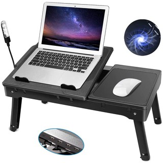 Laptop Table for Bed-Multi-Functional Laptop Bed Tray with 2 Independent Laptop Stand-Foldable Adjustable to 2 Different Heights-Internal Cooling Fan for Laptop Desk-LED Desk Lamp-4 Port USB