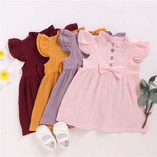 Kids Toddler Baby Girl Fashion Party Dress Solid Color Cotton Clothes Fly Sleeve Cute Bowknot Dresses
