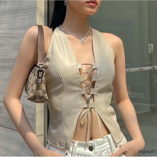 BIGMALL-Women Summer Tops, Solid Color Hollow-Out Cross Straps Sleeveless Tank Tops, Beige