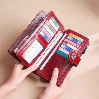❦☊☼RFID European and American women s wallet leather long multi-function clutch wallet retro waxed leather ladies wallet
