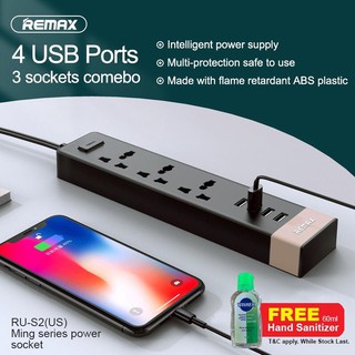 [Shop Malaysia] 🔥Remax RU-S2 Ming Series 3 Power Socket 4 USB Ports Power Strip Free Wisher Sanitizer 60ml( Till Stock have)