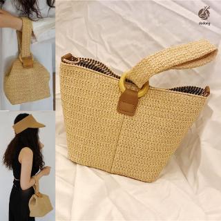 Ladies Handbag Simple Straw Weaved Bag with Round Buckle for Shopping