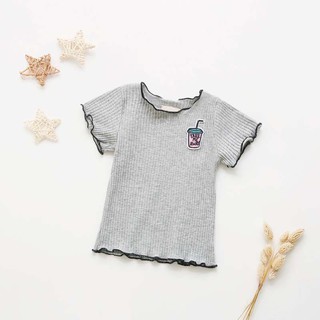 Summer Kids Girl Short Sleeve Top Shirt Casual Candy Color Embroidered T-shirt