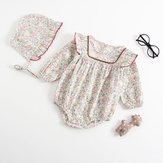 Baby Girls Flower Print Romper With Hat Newborn Girl Long Sleeve Autumn Clothes