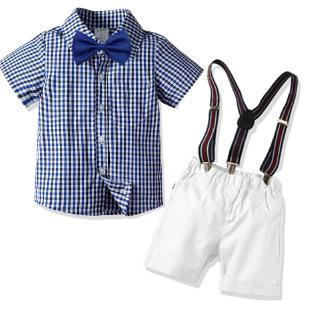 baby boys clothes for summer 2-7years kids Wedding dress handsome boy clothing set checkered Shirt pant belt tie