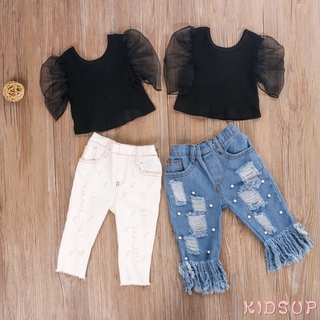 ✨Kidsup🌈Kid Baby Girl Clothes Puff sleeves Lace Top+Denim Ripped Pants Outfit Set (1)