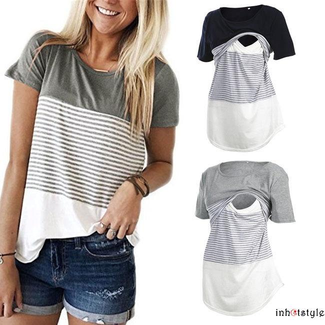LSA-Women Maternity Breastfeeding Tee Nursing Tops Striped Short Sleeve T-shirt