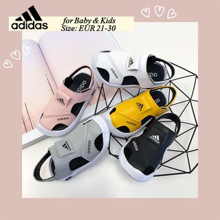 *Ready Stock* Adidas baby kids sandals original 3-strip classic leather toe-protective Velcro soft bottom breathable running summer children slippers 2,3,4,5,6,7 years old boys girls comfortable anti-slip footwear unisex lightweight sports baby sandals