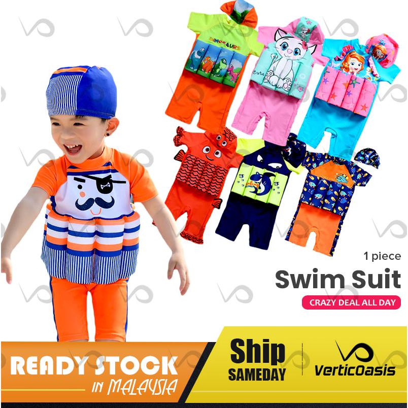 Verticoasis 1 Piece Short Sleeve Kids Boy Girl Float Swimming Suit with Cap