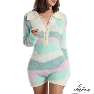 LD-Women Color Block Homewear, Adults Button-down Long Sleeve Turn-down Collar Playsuit (1)